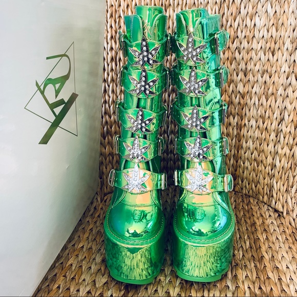 New YRU Dune Weed Green Holo Platform  Boots - Picture 8 of 8